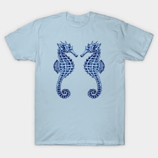 Symmetrical Seahorses Mirrored Face To Face Blue T-Shirt